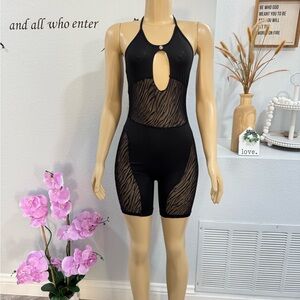 Black Sheer Halter Romper Size S Small Open Bust Mid Thigh Animal Print Sexy